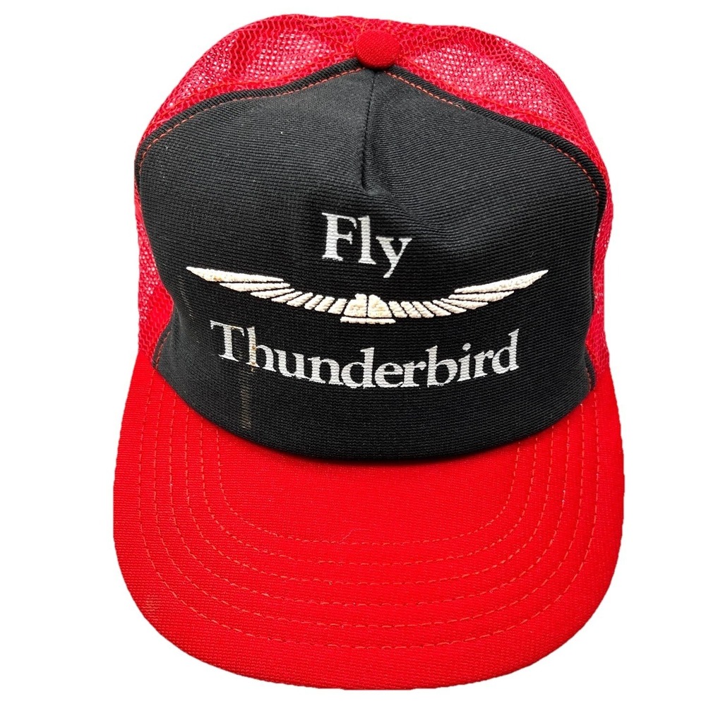 Vintage Thunderbird Trucker Hat Cap Red Black Mase In USA 80s Puffy Ford Fly